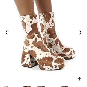 Brown Cow Print Chunky Heel Ankle Boots